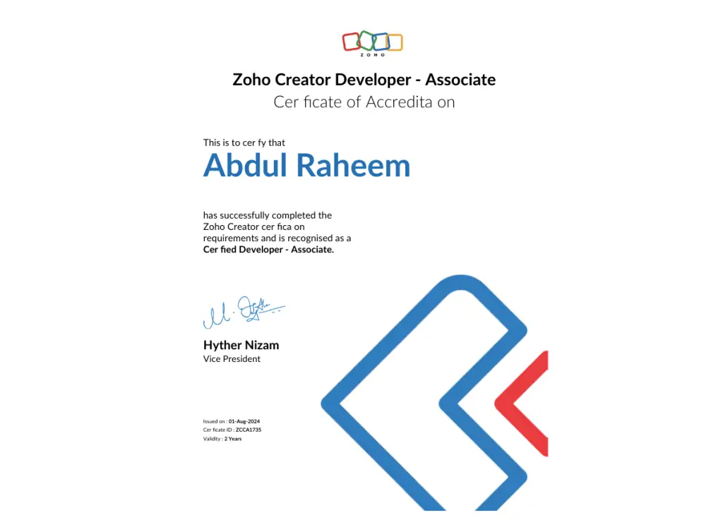 Zoho creator developer certification